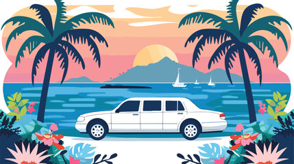 Limousine car on the background of a tropical sea landscape