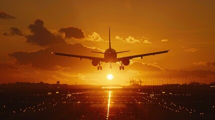 Silhouette of a plane arriving with the sun setting in the background - obrazy, fototapety, plakaty