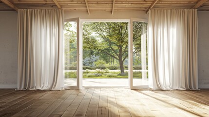 A large open window with a tree outside and white curtains