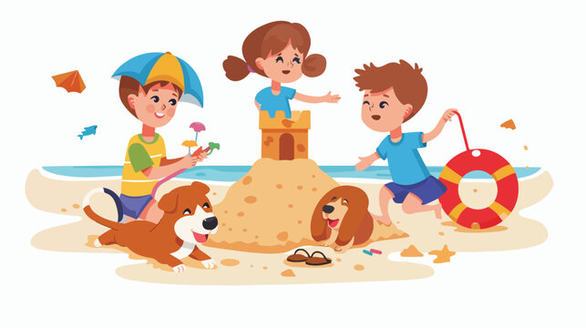 Little children and dog play game dig on summer beach