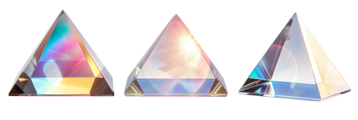 set of different triangular holographic prisms, each emitting a unique spectral light, isolated on transparent background