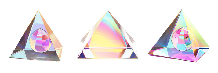 set of different triangular holographic prisms, each emitting a unique spectral light, isolated on transparent background