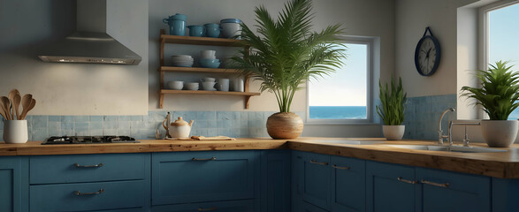 Obraz na płótnie Canvas Inviting Coastal Kitchen Interior with Blue Accents and Palm Tree, Creating Refreshing Seaside Atmosphere - Realistic Interior Design and Nature Photo Stock Concept