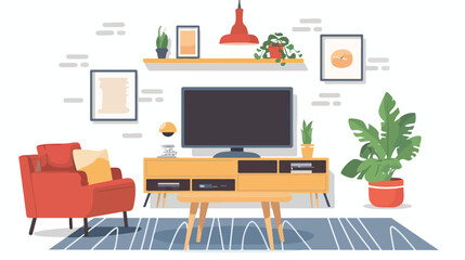 Living room interior. Tv table with tv set. Vector 
