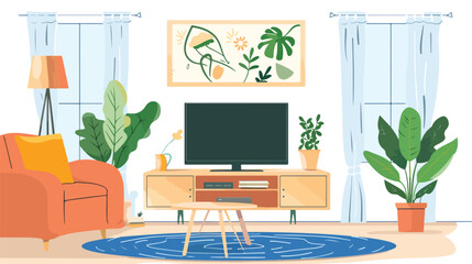 Living room interior. Tv table with tv set. Vector 