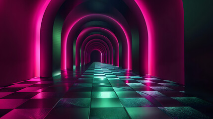 A corridor with glowing floor tiles. winding like a hilly pathway. The backdrop is pitch black. 