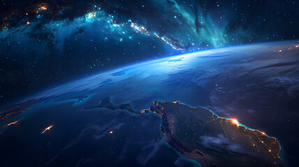 A cosmic sight of our home planet. with glowing lights marking dense cityscapes and main biomes such as ponds