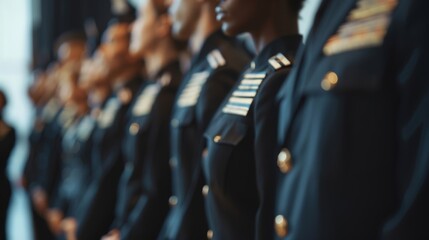 A row of agents standing at attention receiving instructions from their superiors symbolizing the importance of following protocols in intelligence sharing. . - obrazy, fototapety, plakaty