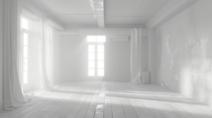 A large, empty room with white walls and wooden floors. The room is illuminated by sunlight coming in through the windows