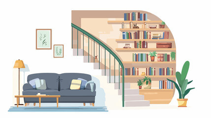 Living room with sofa bookcase and circular staircase