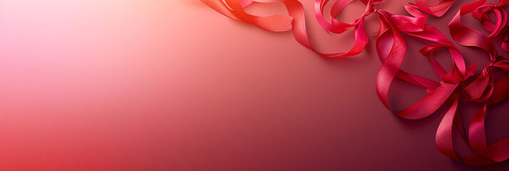 Elegant red satin ribbons on a pink gradient background. Luxury packaging and decor concept suitable for design and print