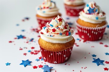 photo 4th of July themed cupcakes with stars and sprinkles, white background, festive