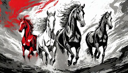 Four horses of the apocalypse - white, red, black and pale. Bible revelation.