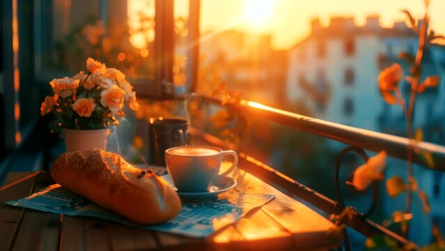 Morning Glow: Coffee and Baguette Illuminated by the Sunrise