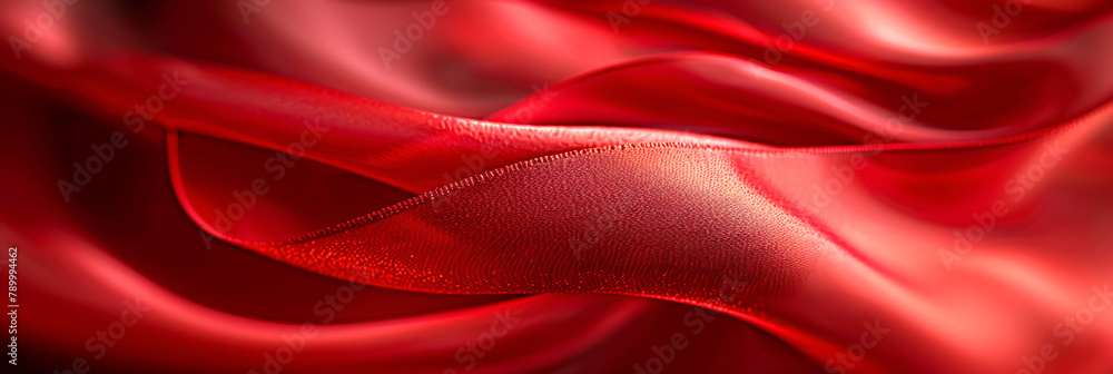 Poster red silk ribbon waves on a dark bokeh background. luxurious fabric texture with sparkling details co