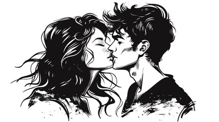 Lovers kiss girl and guy with stylish hairstyles. Couple