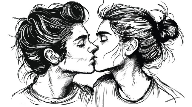 Lovers kiss girl and guy with stylish hairstyles. Couple