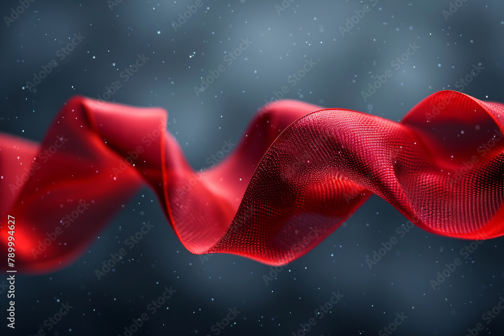 Poster floating red satin ribbon on a dark background with light specks. luxurious fabric presentation conc