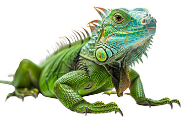 Obraz premium Green iguana with vivid scales and spiky crest isolated on transparent background