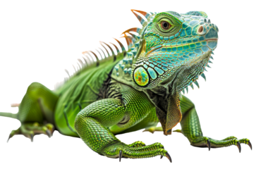 Green iguana with vivid scales and spiky crest isolated on transparent background