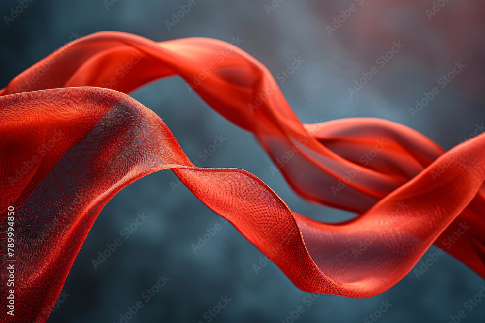 Poster floating red satin ribbon on a dark background with light specks. luxurious fabric presentation conc