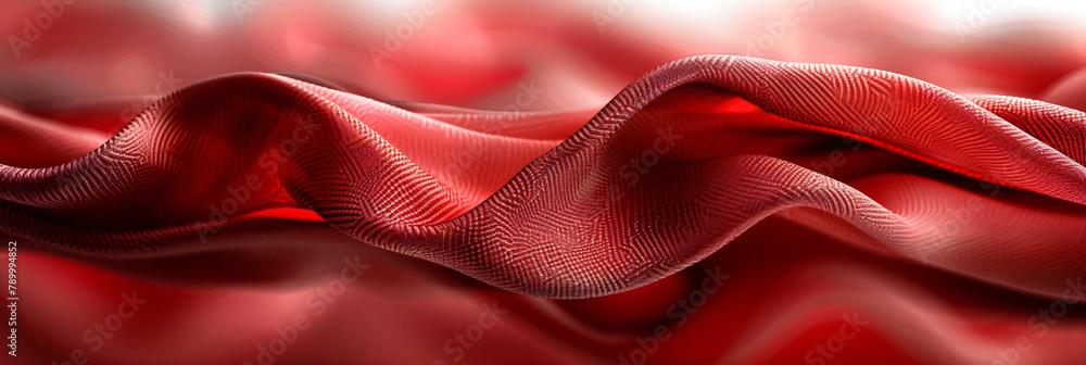 Poster red silk ribbon waves on a dark bokeh background. luxurious fabric texture with sparkling details co