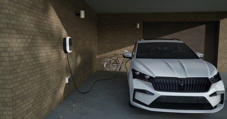 Home charging station provides an eco-friendly sustainable power supply for generic ev car. Progressive concept for future green energy storage for electric vehicles.