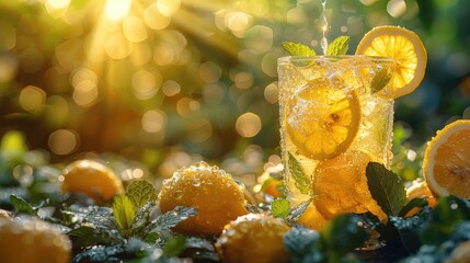 Refreshing Ice Lemonade with Mint in Sunlit Summer Ambiance