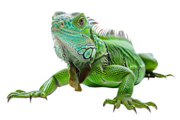 Green iguana with vivid scales and spiky crest isolated on transparent background