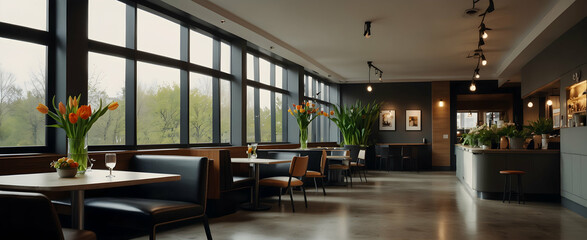 Urban Mingle: A Fusion Cafe with Modern and Classic Elements and a Bouquet of Tulips for Socializing in Realistic Interior Design with Nature - Stock Photo Concept