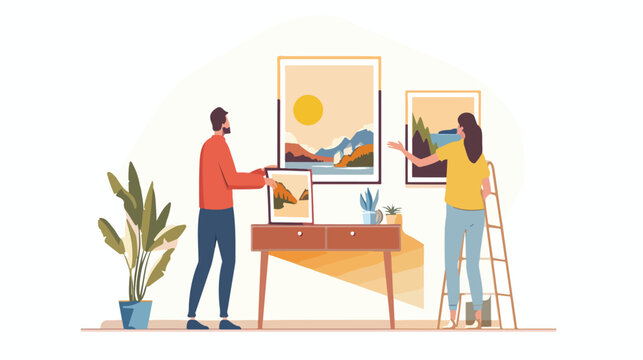 Man and woman hanging picture on the wall. Vector flat