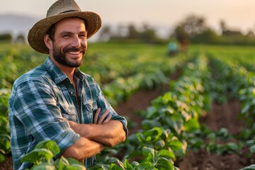 Man Standing in Field With Arms Crossed. Generative AI