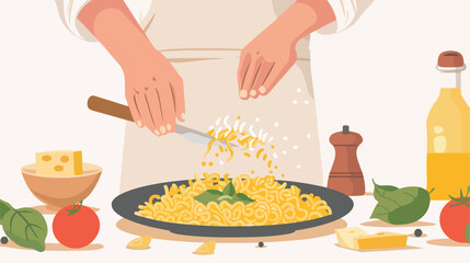 Obraz na płótnie Canvas Man cooking homemade pasta for home dinner. Person 