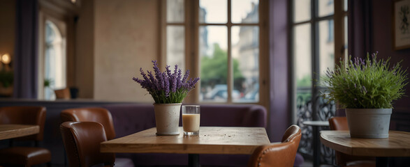 Parisian Pause: A sophisticated French cafe with chic decor and a single lavender plant, offering a calming and elegant experience. Realistic interior design with nature elements. - obrazy, fototapety, plakaty