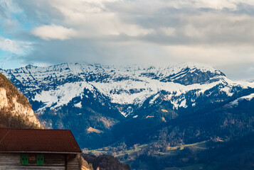 Alpine view on a cloudy spring day near Merligen, Sigriswil, Bern, Switzerland