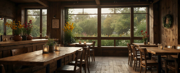 Fototapeta na wymiar Rustic Cafe Interior with Wooden Beams and Wildflowers - Concept of Warmth and Comfort in Realistic Nature Design