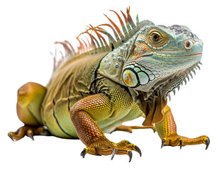 Obraz premium Green iguana with vivid scales and spiky crest isolated on transparent background