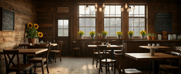 Rustic Farmhouse Cafe Interior with Reclaimed Wood and Sunflower Centerpiece - Realistic Design Embracing Nature