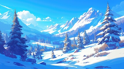 2d illustration of snow covered trees in the mountains