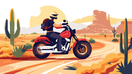 Man riding a motorcycle. Desert landscape with cactus