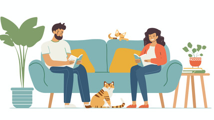 Man woman and cat sitting on the couch with notebook