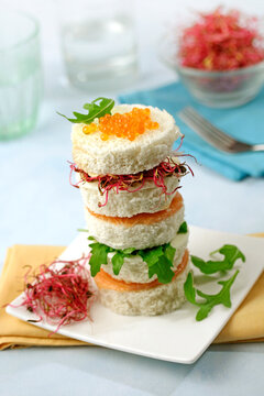 Salmon and cheese tower.