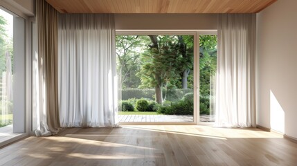 A large open room with white curtains and a large window. The room is empty and has a clean, minimalist look