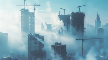 Fototapeta na wymiar A cityscape shrouded in a cold mist, with construction cranes frozen midair, symbolizing economic stagnation in a bear market