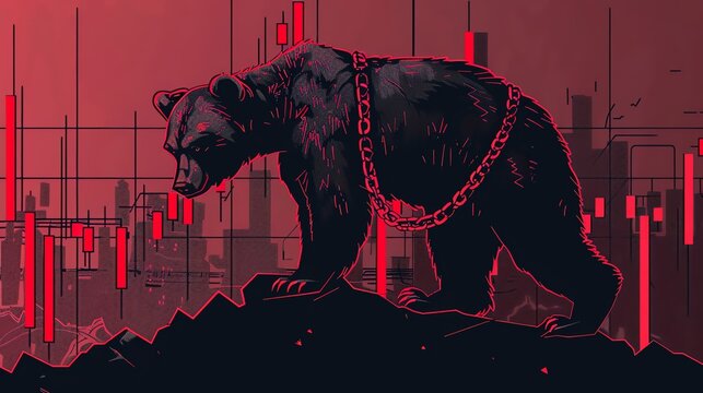 A line art illustration of a bear with a heavy weight chained to its leg, struggling uphill against a backdrop of a declining stock market chart