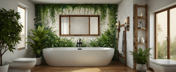 Watercolor Botanical Bliss: A Lush Bathroom with Wall Mounted Planters and Jasmine Vine in Realistic Interior Design