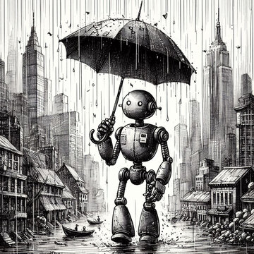 robot under the rain black and white