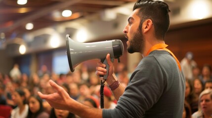 An instructor demonstrating how to effectively use a megaphone to communicate with a large group of people. . - obrazy, fototapety, plakaty