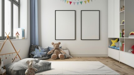 A room with a teddy bear and a window. The room is empty and has a white color