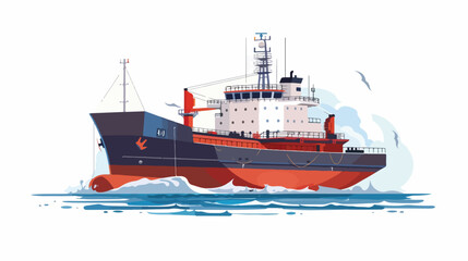 Modern dry cargo ship in sea. Vector flat style illus